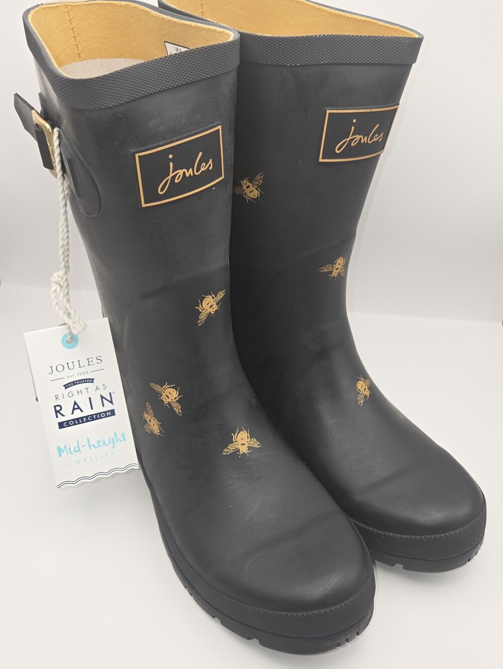Joules Black Mid Welly Rain Boots with Gold Bee Motif - Picture 2 of 10